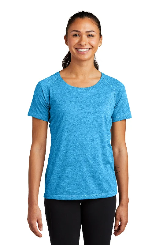 Sport-Tek Womens Moisture Wicking Short Sleeve Scoop Neck T-Shirt - Heather Pond Blue Sequined Glittery Shiny Sport-Tek Womens Moisture Wicking Short Sleeve Scoop Neck T-Shirt - Heather Pond Blue Sequined Glittery Shiny