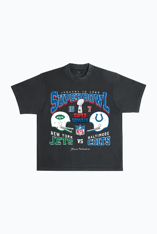 Super Bowl III: New York Jets vs. Baltimore Colts Garment Dyed Heavyweight T-Shirt - Black Layered Multi-layer Single Layer Super Bowl III: New York Jets vs. Baltimore Colts Garment Dyed Heavyweight T-Shirt - Black Layered Multi-layer Single Layer