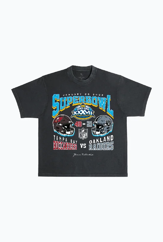 Super Bowl XXXVII: Tampa Bay Buccaneers vs Oakland Raiders Garment Dyed Heavyweight T-Shirt - Black Asymmetrical Pockets Print