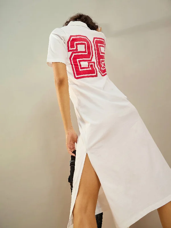 Women White 26 Printed Polo Neck T-Shirt Dress Asymmetrical Pockets Print