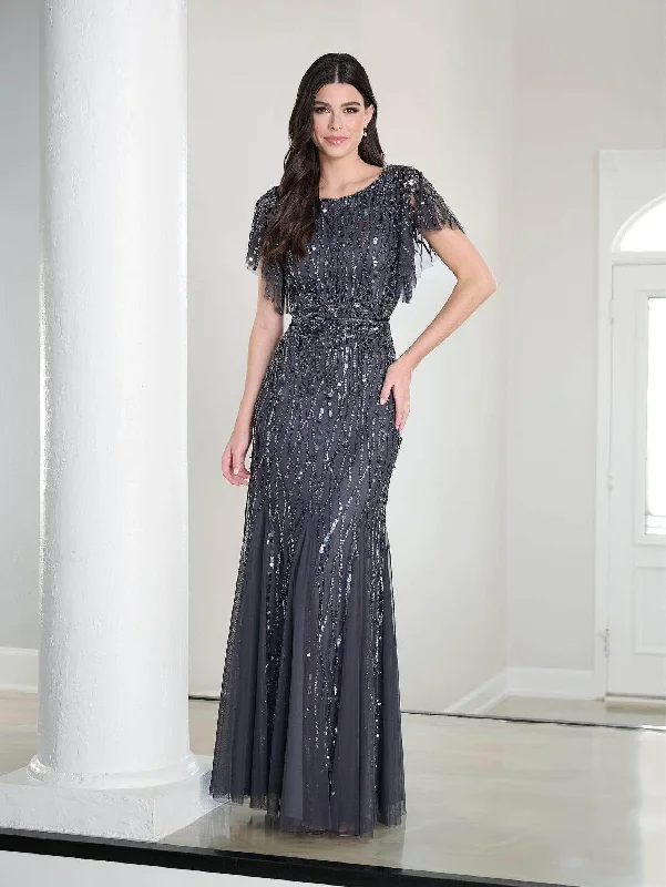 Adrianna Papell Platinum 40452 - Sequin Flutter Sleeve Long Dress Tunics Polka dots
