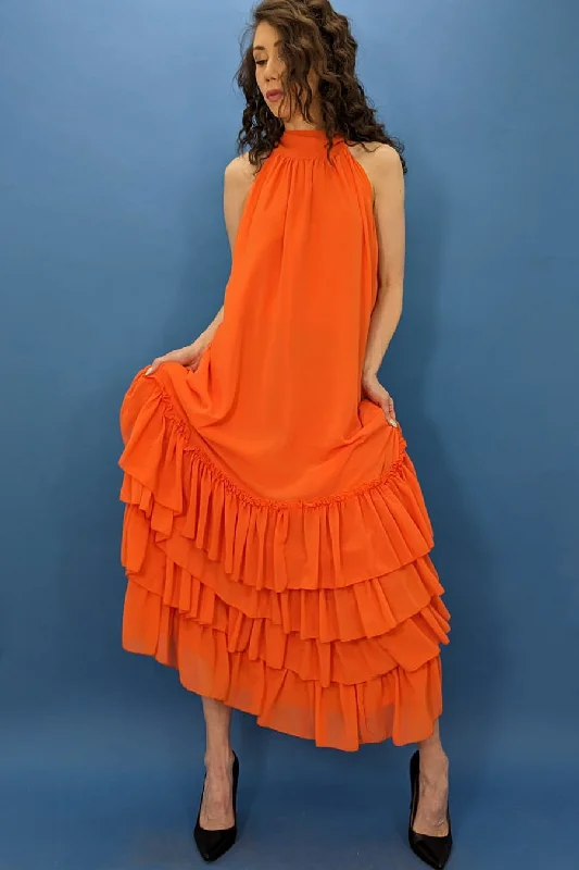 Halter Layered Chiffon Long Dress Tunics Fall fleece