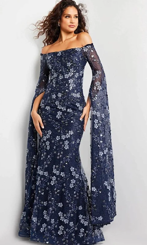 Jovani 26330 - Floral Embroidered Cape Long Gown Tunics Prom sequined