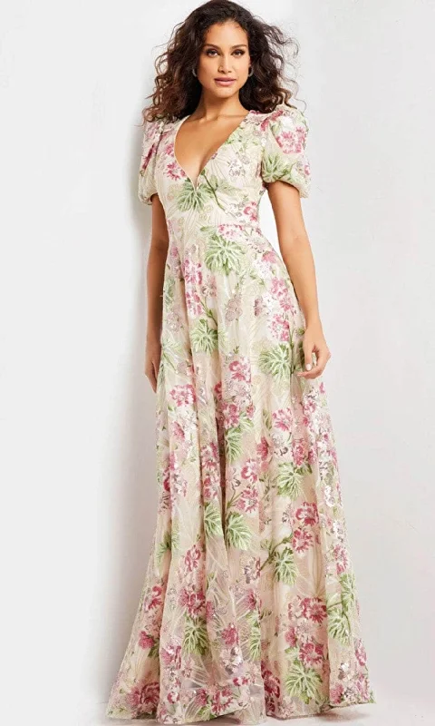 Jovani 37636 - Plunging Floral Sheath Long Dress Tunics Evening elegant