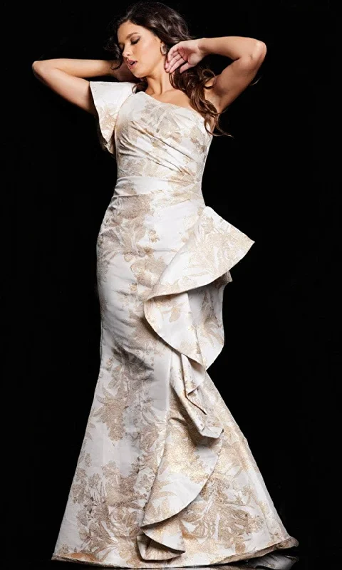 Jovani 38935 - Ruched Floral Long Dress Tunics Bridal satin