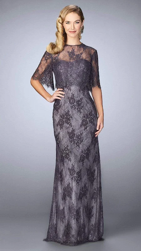 La Femme - 24856SC Strapless Lace Sheath Dress with Sheer Capelet Tunics Silk luxurious La Femme - 24856SC Strapless Lace Sheath Dress with Sheer Capelet Tunics Silk luxurious