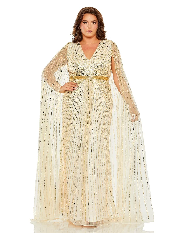 Mac Duggal 5804 Long Plus Size Sequined V Neck Cape Sleeve Dress Tunics Travel practical Mac Duggal 5804 Long Plus Size Sequined V Neck Cape Sleeve Dress Tunics Travel practical
