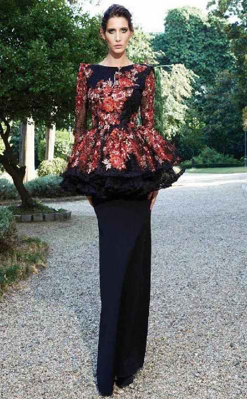 MNM COUTURE - N0125A Long Sleeve Laced Floral Long Dress Tunics Satin smooth