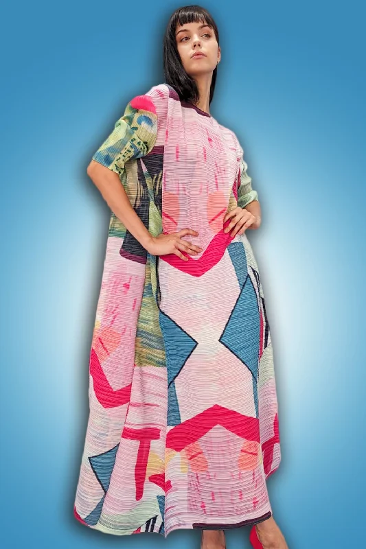 Short Sleeve Abstract Print Pleated Long Dress Tunics Seasonal trendy