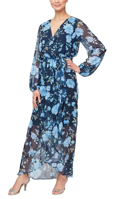 SLNY 9171942 - Bishop Sleeve Floral Long Dress Tunics Velvet soft