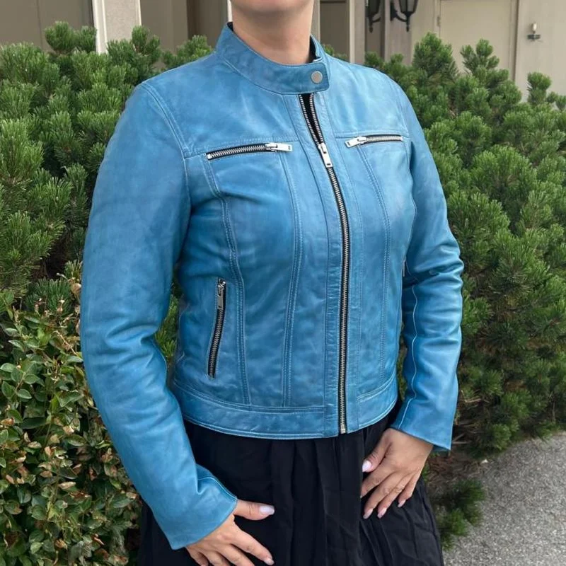 Classic Women's Lamb Leather Jacket with Snap Collar Hoodie Zip-Up Jacket Button-Up Jacket Classic Women's Lamb Leather Jacket with Snap Collar Hoodie Zip-Up Jacket Button-Up Jacket