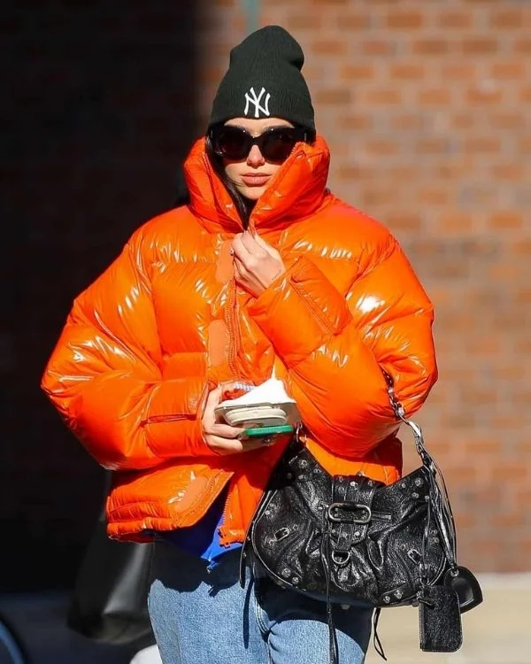 Dua Lipa bright orange puffer jacket Insulated Jacket Fitted Jacket Loose Jacket