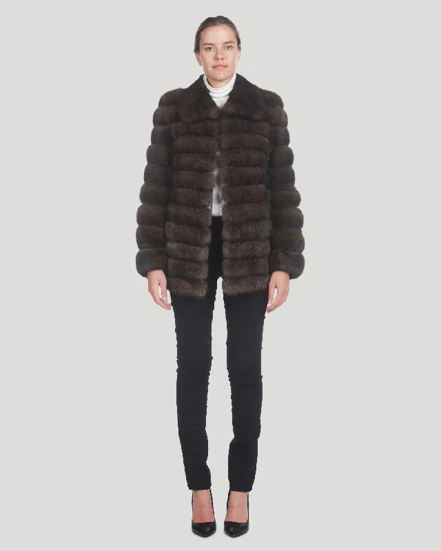 Horizontal Russian Sable Jacket Boat Neck Shawl Collar Notched Collar