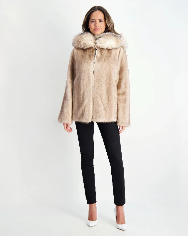 Mink Jacket with Fox Hood Trim Wool Fabric Cashmere Fabric Tweed Fabric
