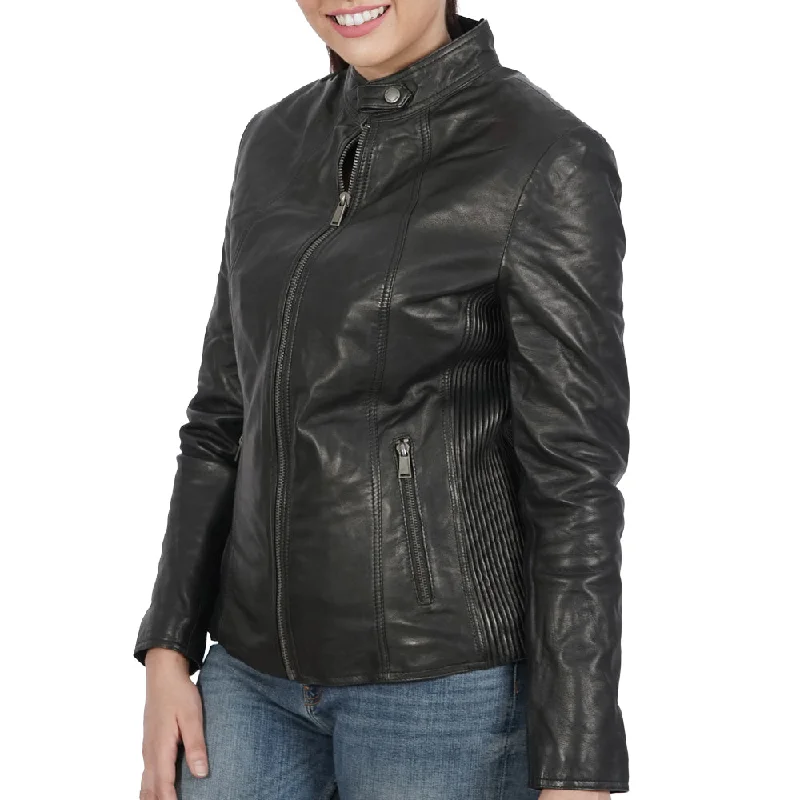 Sylvia Biker Black Leather Jacket Satin Jacket Silk Jacket Chiffon Jacket