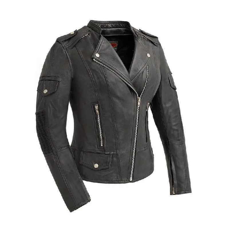 Tantrum - Women's Motorcycle Leather Jacket Welt Pockets Slit Pockets Flap Pockets
