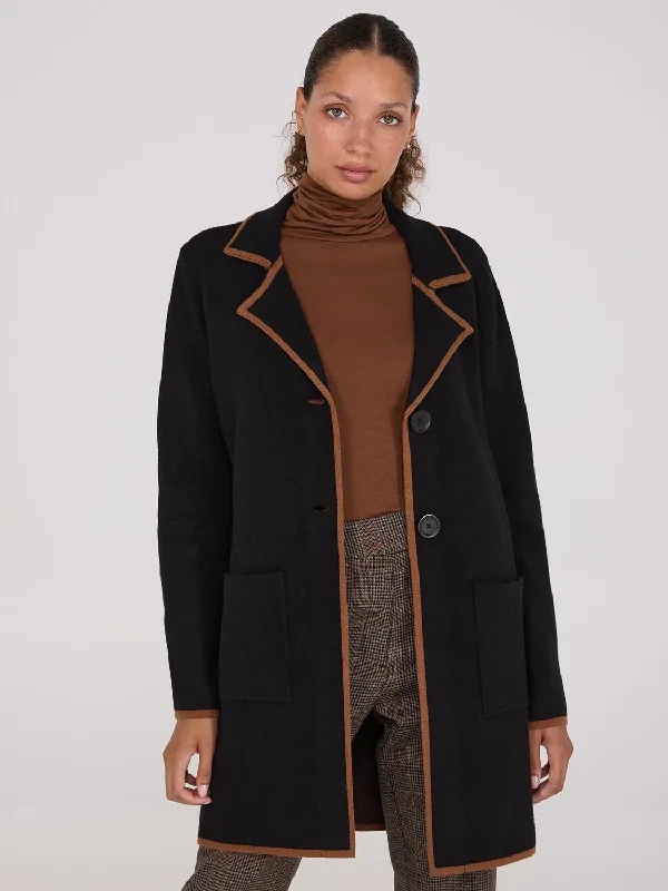 Contrast Trim 2-Button Coatigan Zipper Front Biker Jacket