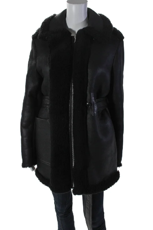 ACNE Studios Womens Leather Shearling Lined Double Zip Coat Black Quilted Hybrid Jacket
