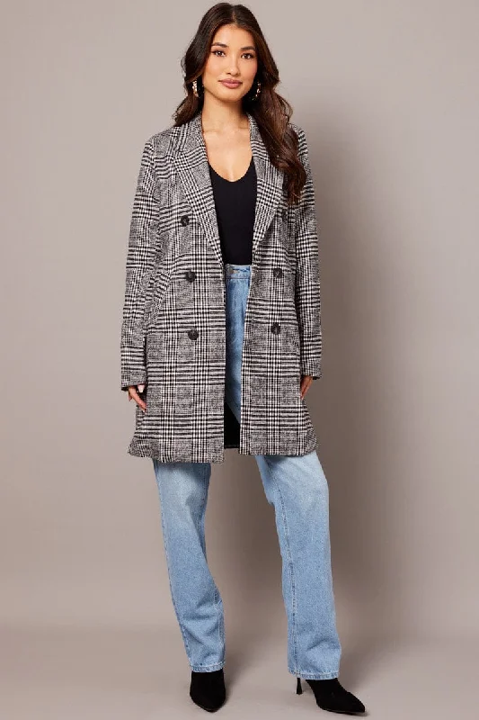 Black Check Coat Long Sleeve Chic Winter Coat