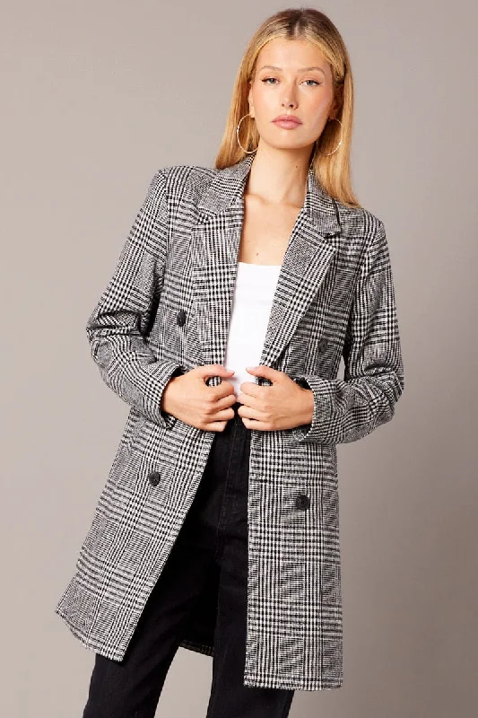 Black Check Coat Longline Collared Long Sleeve Soft Cashmere Wrap