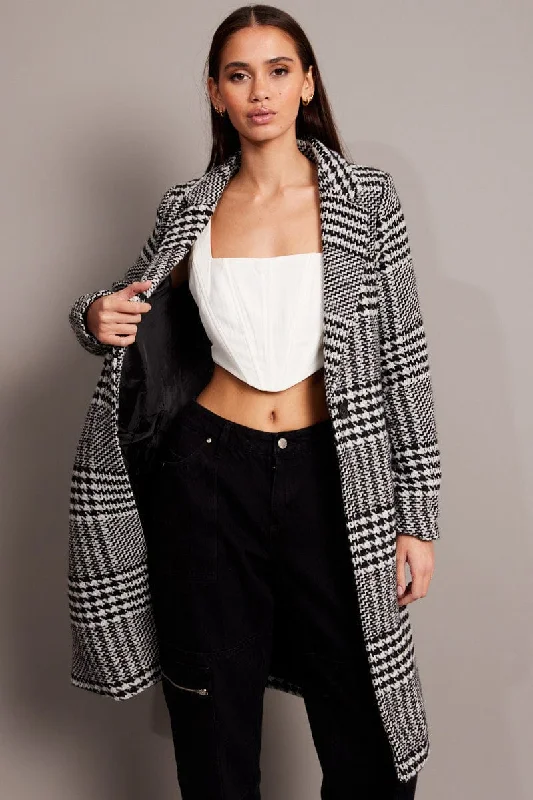 Black Check One Button Coat Knee Length Stylish Bomber Jacket