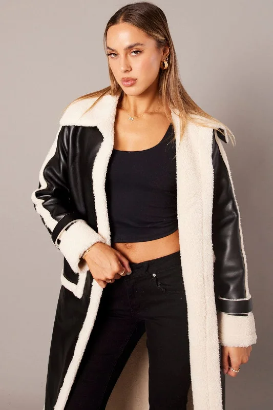 Black Long Coat Shearling Lined Faux Leather Classic Trench Coat