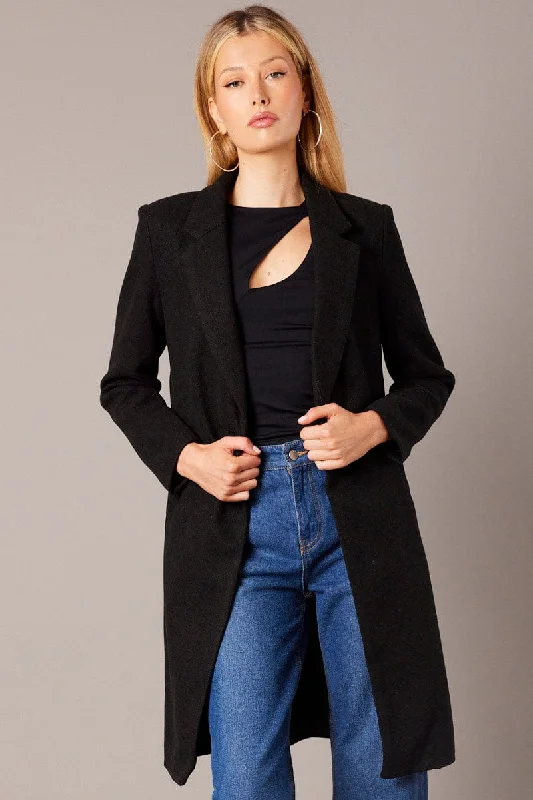 Black One Button Coat Knee Length Fashionable Blazer Coat