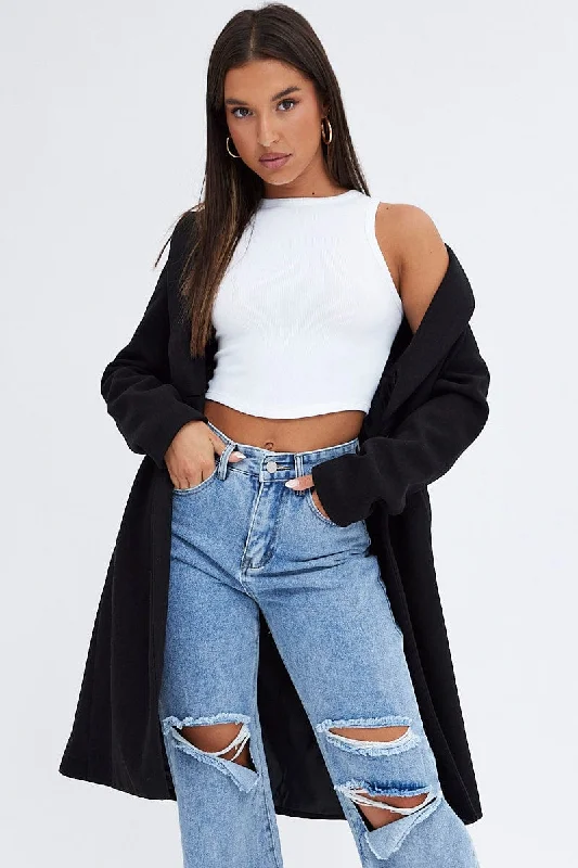 Black One Button Coat Knee Length Lightweight Windbreaker