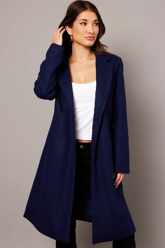 Blue One Button Coat Knee Length Collared Pea Coat