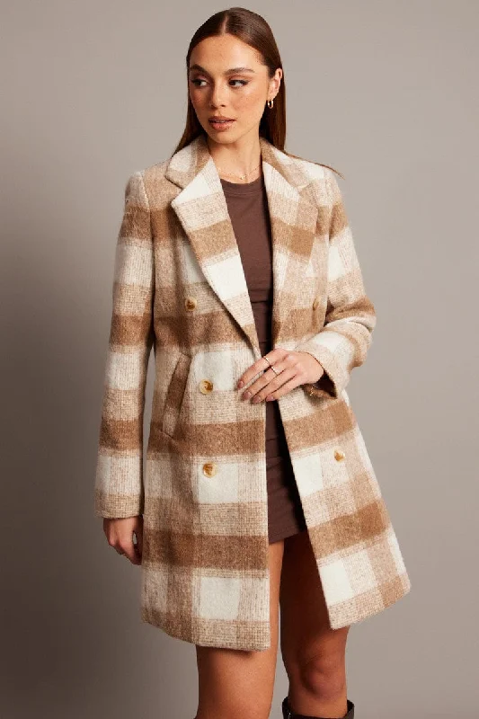 Brown Check Coat Long Sleeve Recycled Down Jacket