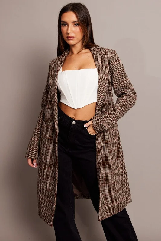 Brown Check One Button Coat Long Sleeve Quilted Hybrid Jacket