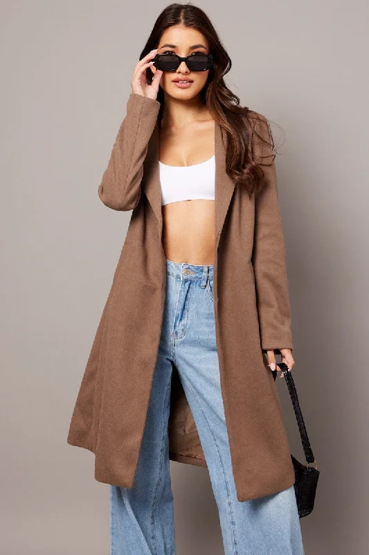 Brown One Button Coat Knee Length Double-Layered Poncho