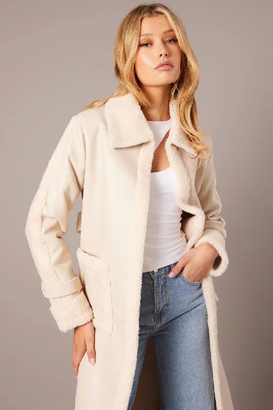 Camel Long Coat Shearling Lined Faux Leather Cozy Fleece Hoodie