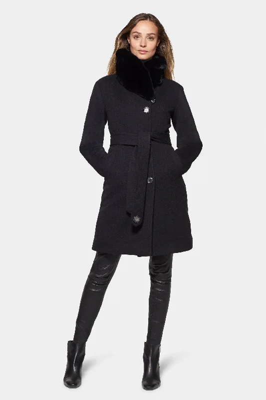 City Coat with Fur, Black Collared Pea Coat
