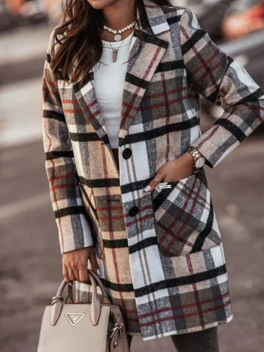 Casual Button-Front Plaid Coat Lightweight Windbreaker