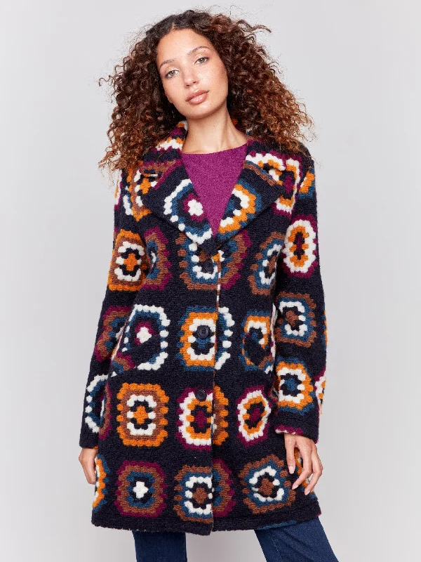 Crochet Coat - Navy Elegant Cape Blazer
