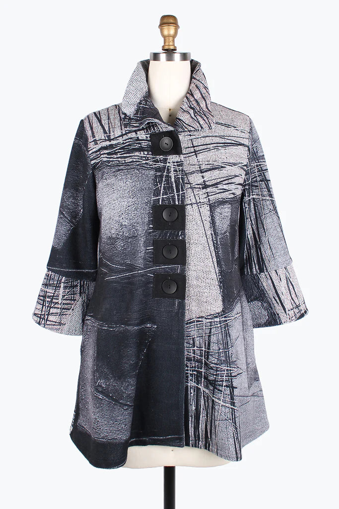 Damee Abstract Art Button Patch Coat 4843-Gry Ruched Sleeve Blazer