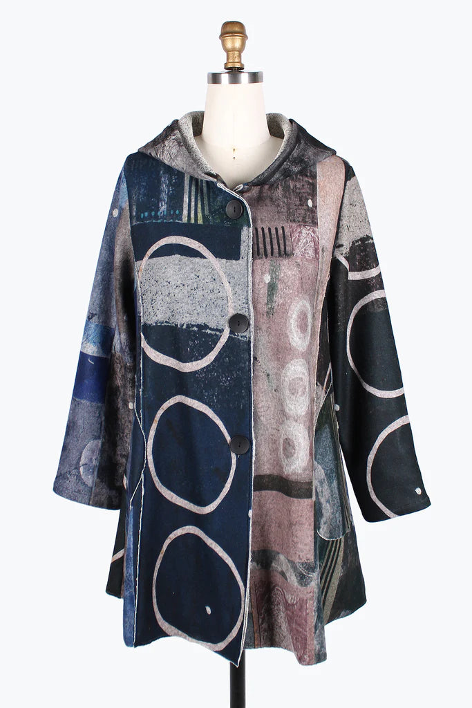 Damee Mixed Pattern Hooded Long Coat 4846-Mlt Vegan Leather Trench