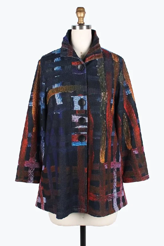Damee Paint Stroke Plaid Button Patch Coat 4819-MLT Waterproof Hiking Jacket