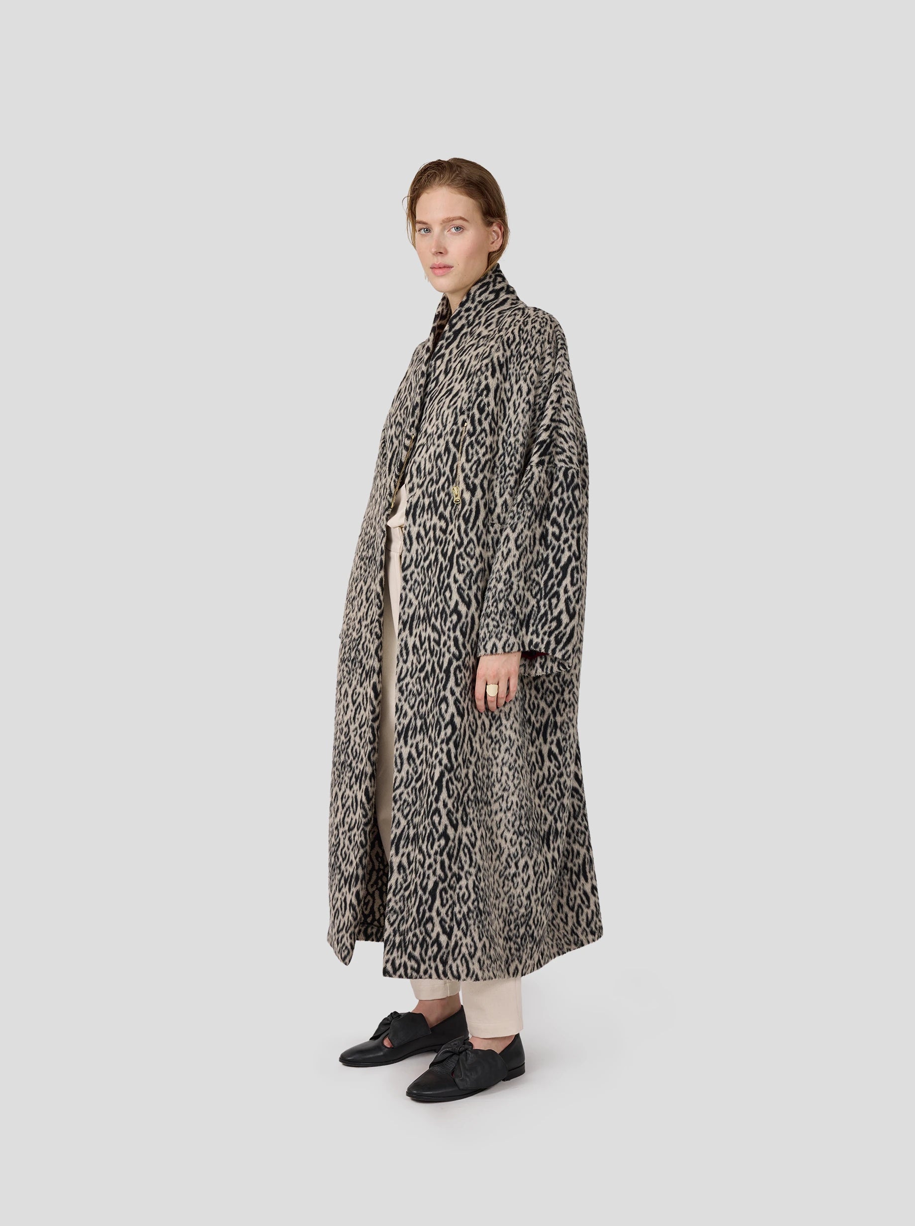 Eren Coat in Black and Grey Leopard Sleek Leather Jacket
