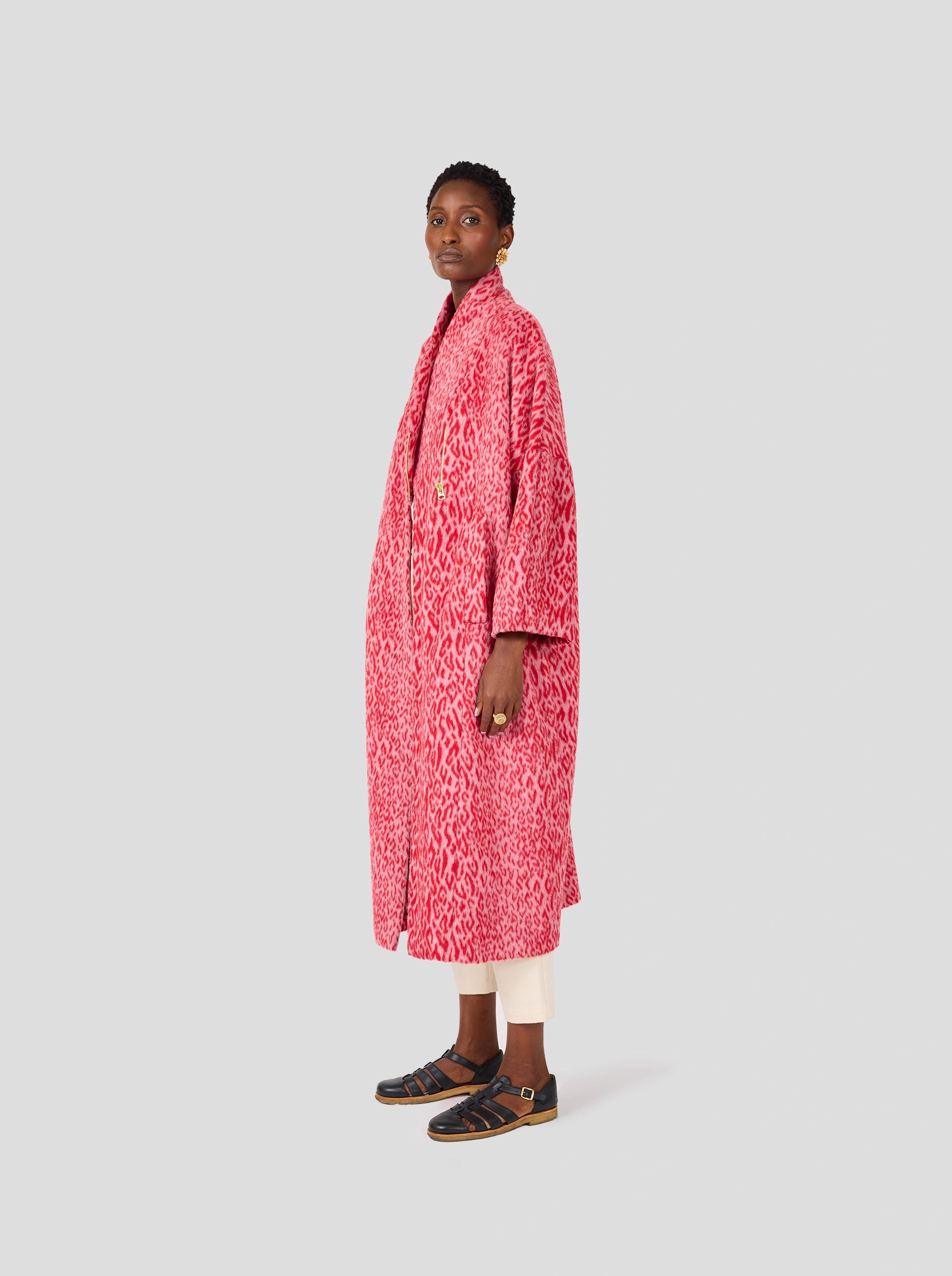 Eren Coat in Red Opera Leopard Longline Wool Coat