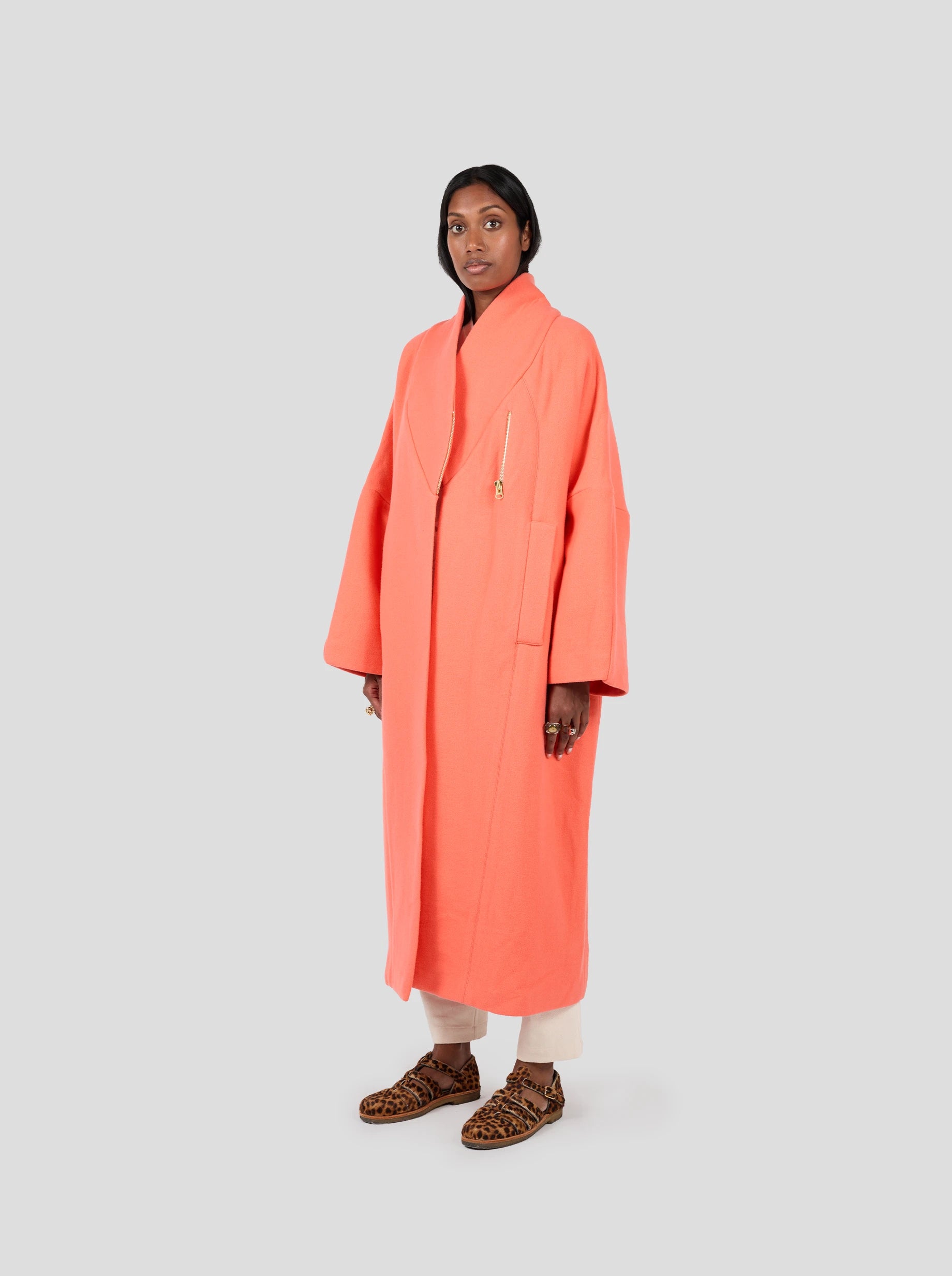 Eren Coat in Reef Orange Woolen Cashmere Warm Hooded Poncho
