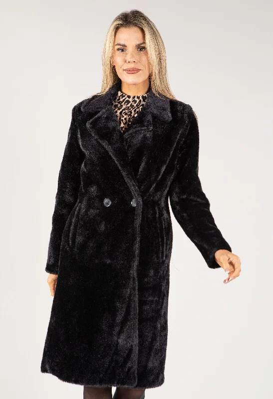 Faux Fur Double Breasted Longline Coat Elegant Satin Bolero