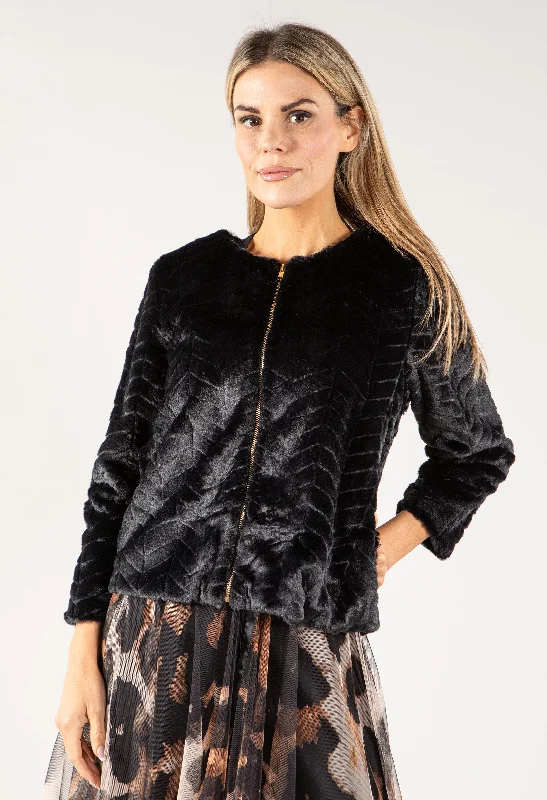 Faux Fur Zip Up Short Coat Bold Color Block Coat