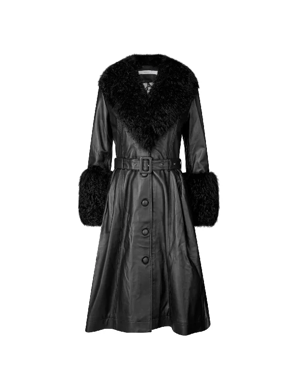 Foxy Shearling Coat — Black Belted Midi-Length Coat