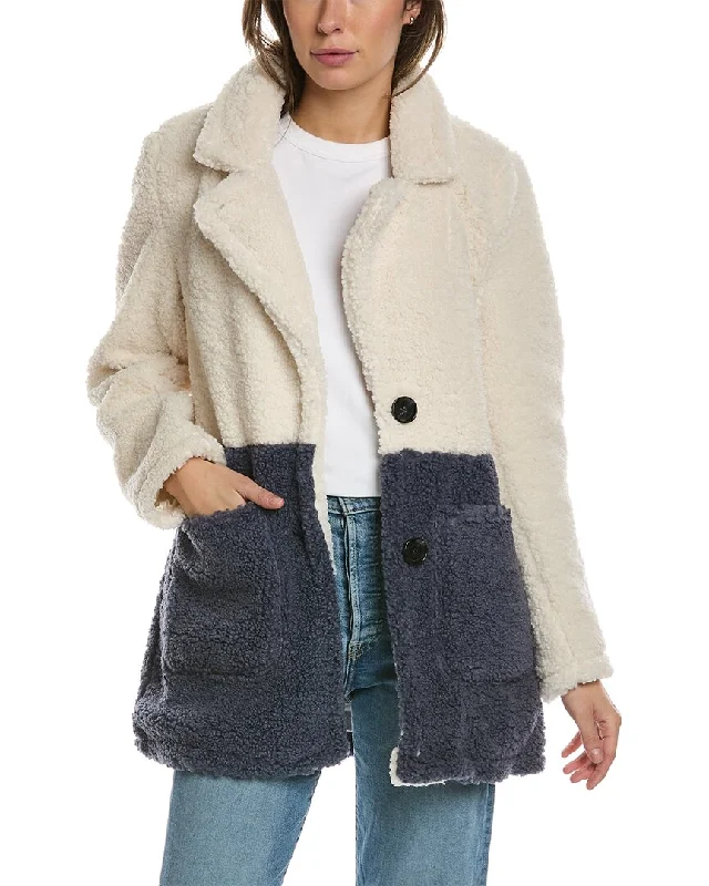 French Connection Colorblocked Teddy Coat Suede Fringe Jacket
