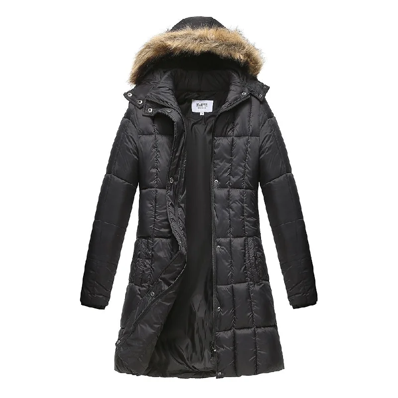 Haute Edition Women's Mid-Length Puffer Parka Coat with Faux Fur-lined Hood Cropped Fleece Jacket