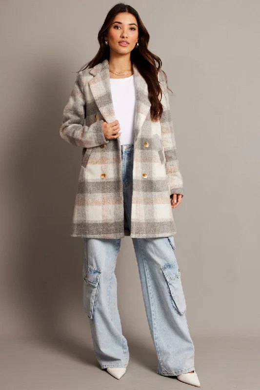 Grey Check Coat Long Sleeve Streetwear Bomber Jacket