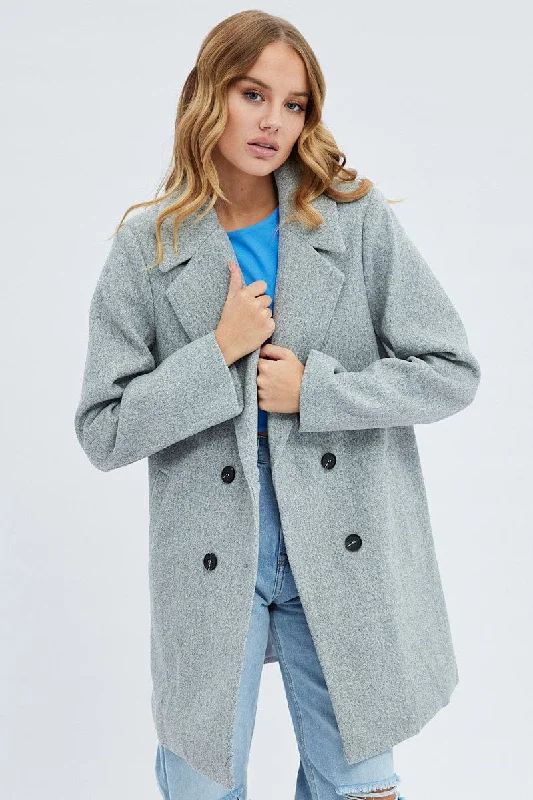 Grey Coat Longline Collared Long Sleeve Casual Denim Jacket