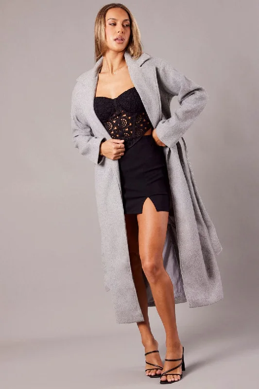 Grey Long Coat Long Sleeve Tie Front Trendy Puffer Vest